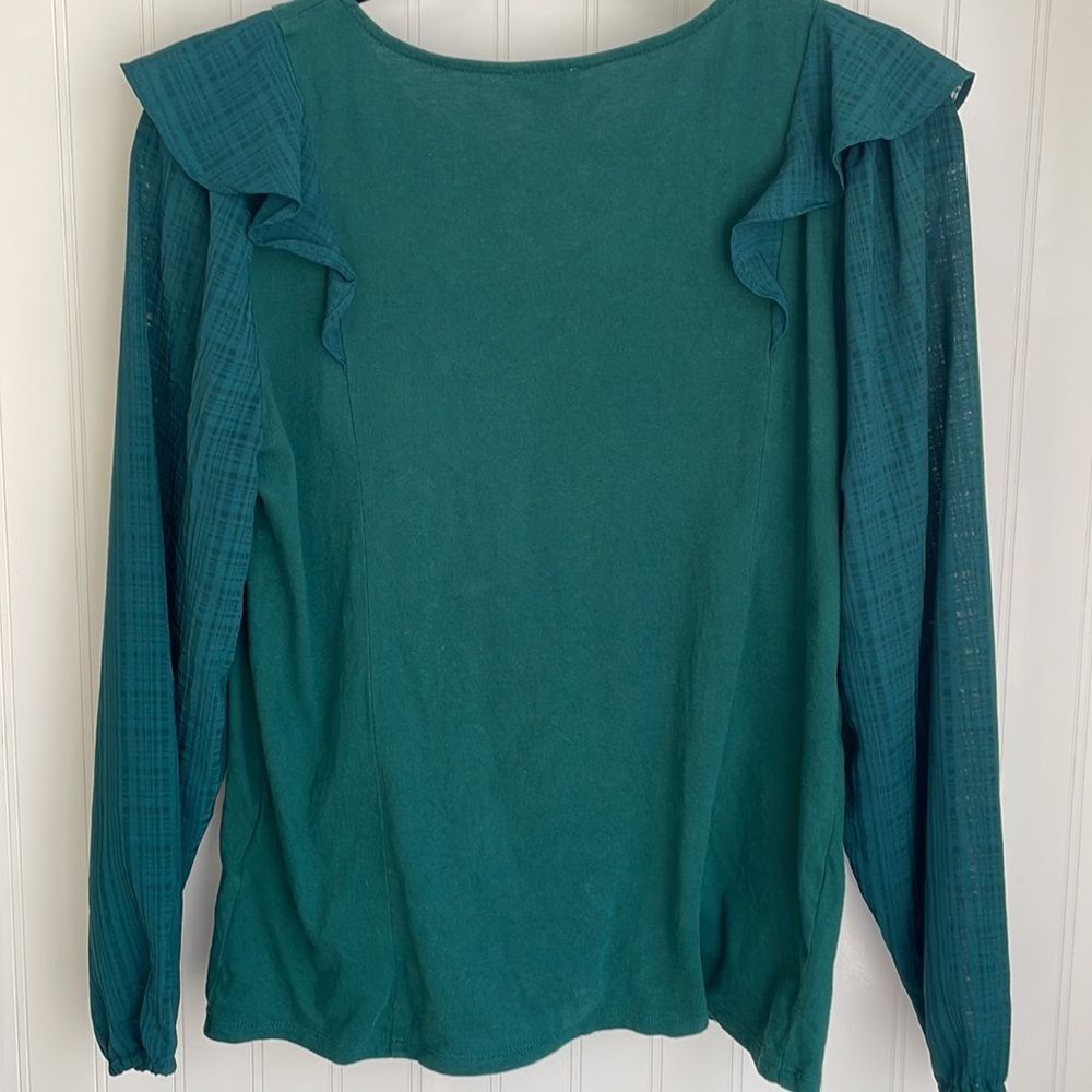 J. CREW Green Long Sleeve Blouse Ruffle-shoulder with plaid sheer sleeves size S - Picture 5 of 10